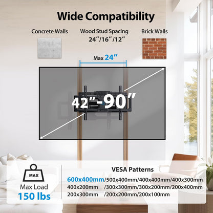 Pipishell Full Motion TV Wall Mount with Power Strip for 42–90 Inch TVs up to 150 lbs, Pre-Assembled TV Mount Has Smooth Swivel, Tilt, Extension, Max VESA 600x400mm, 12“/16”/24” Wood Studs, PILF19 - PuriLite