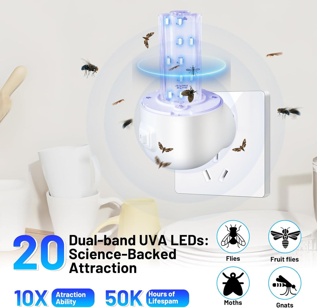 Fruit Fly Trap Indoor, 360 Degree Attracting Fly Trap with Improved LED Light, Sticky Straps Captures Flying Insect, Fruit Flies, Gnats, Mosquitoes, Moth and Houseflies, Refills Included - PuriLite