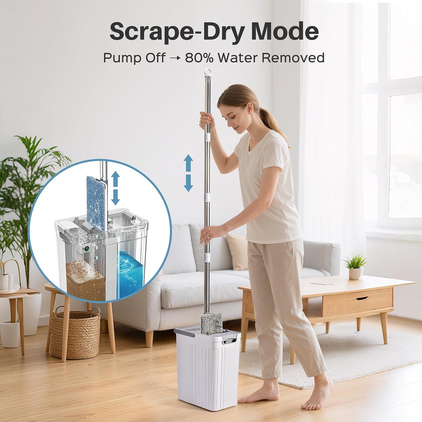 Mop and Bucket Set with AUTO Pump, 3-Zone Separate Dirty and Clean Water, Flat Mop and Bucket System with Wringer and Wheels, 4 Reusable Microfiber Pads, One-Touch Water Filling for Home Cleaning