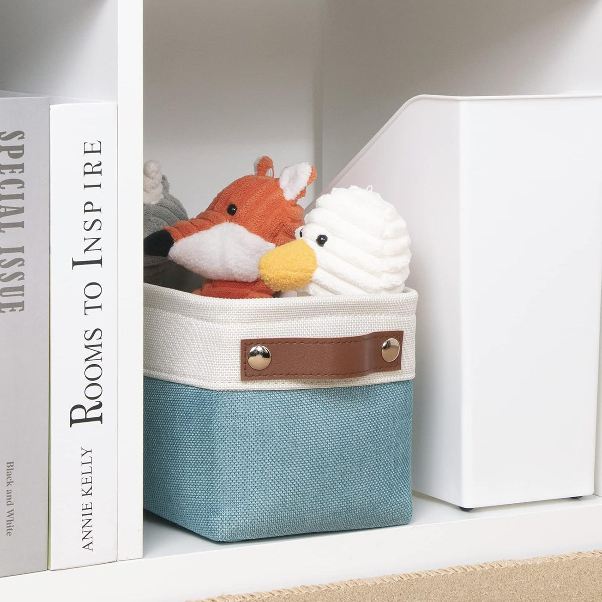 DULLEMELO Storage Baskets for Shelves, Fabric Collapsible Rectangular Storage Bins for Shelves, Closets, Nursery, Home, Office, Empty Gift Baskets (White&Teal) - PuriLite