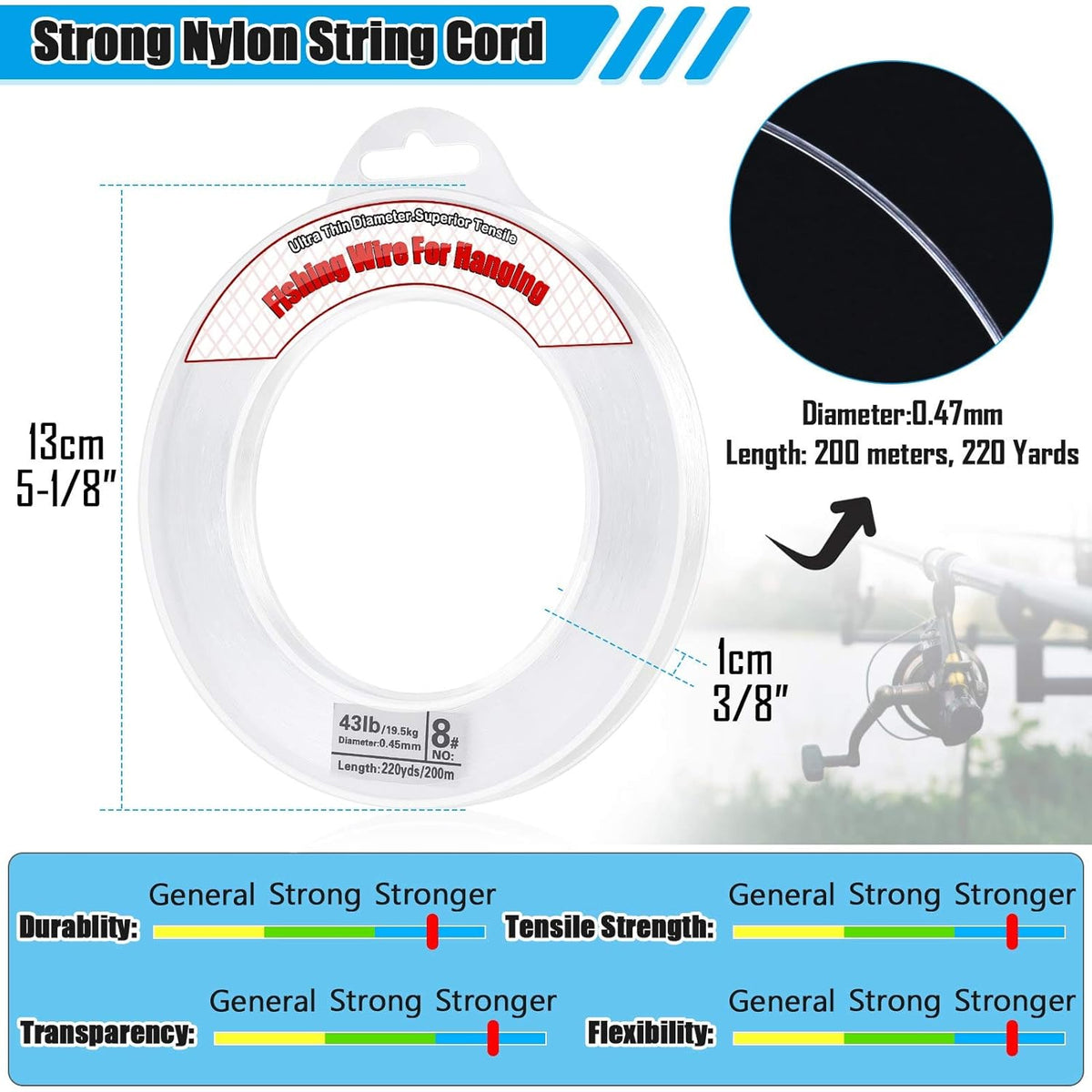Clear Fishing Wire, Acejoz 656FT Fishing Line Clear Invisible Hanging Wire Strong Nylon String Supports 40 Pounds for Balloon Garland Hanging Decorations - PuriLite