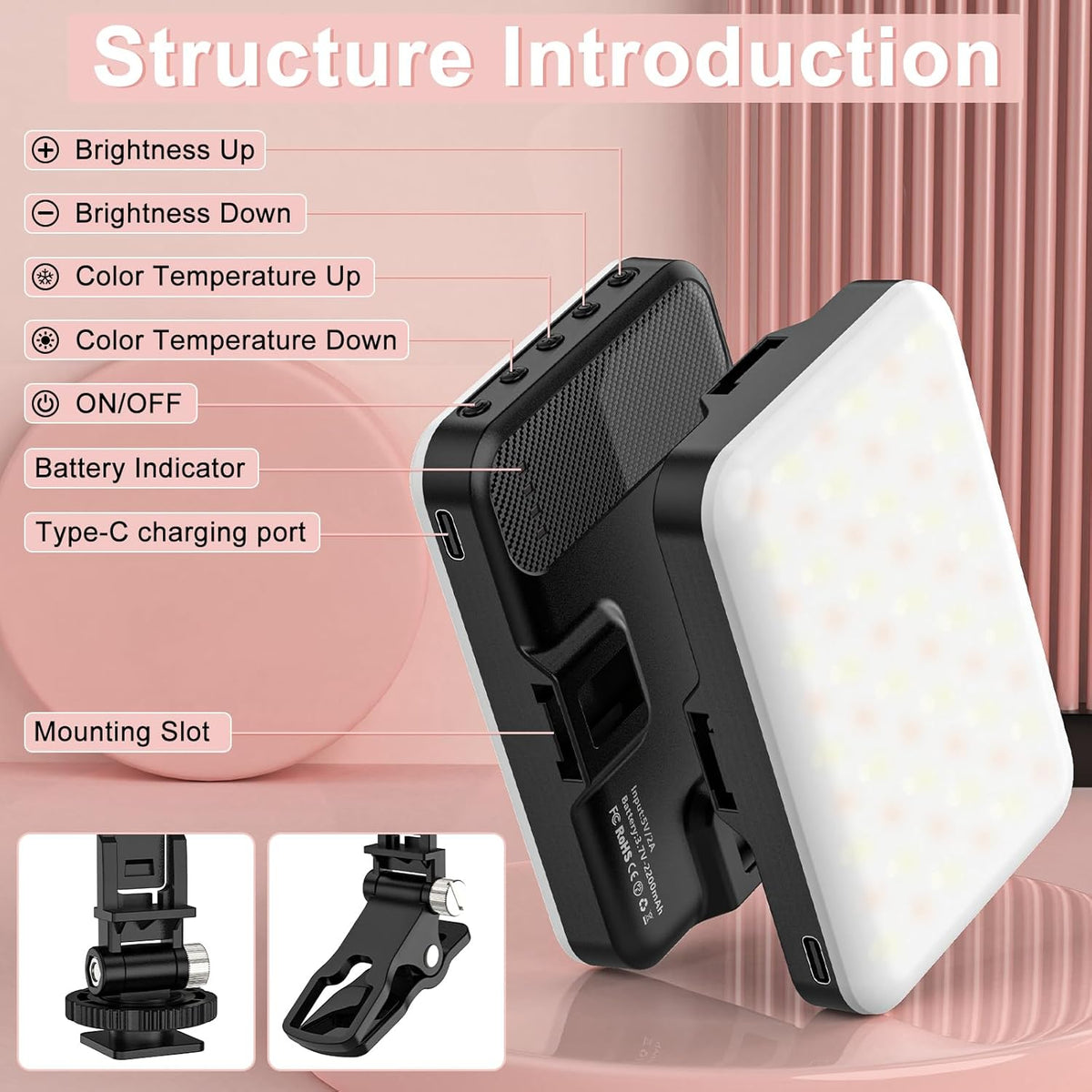Anautin Selfie Light, 60 LED 2200mAh Rechargeable Clip Fill Video Light (Black) - PuriLite