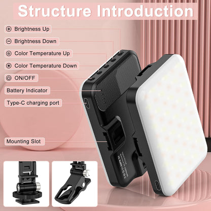 Anautin Selfie Light, 60 LED 2200mAh Rechargeable Clip Fill Video Light (Black) - PuriLite