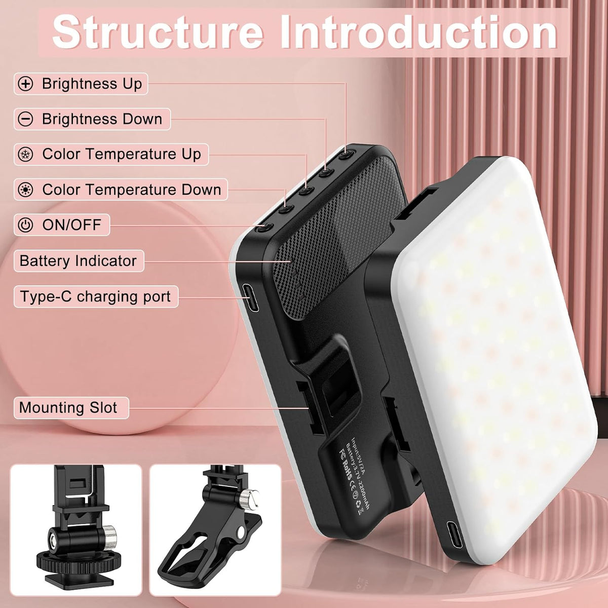 Anautin Selfie Light, 60 LED 2200mAh Rechargeable Clip Fill Video Light (White) - PuriLite