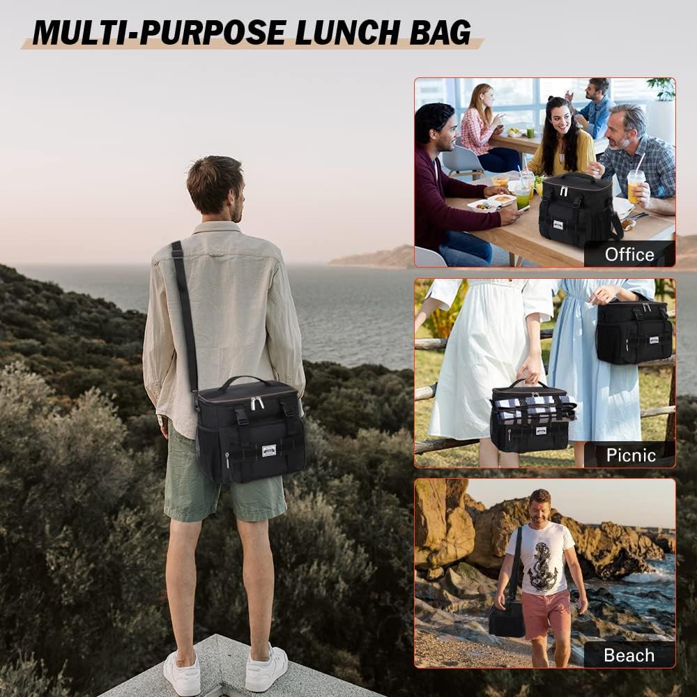Lekebobor Tactical Lunch Bag for Men, Leakproof Large Insulated Lunch Box with Molle, Waterproof Cooler Bag for Adults Men Outdoor Picnic Travel Office, 24Can (15L), Black - PuriLite