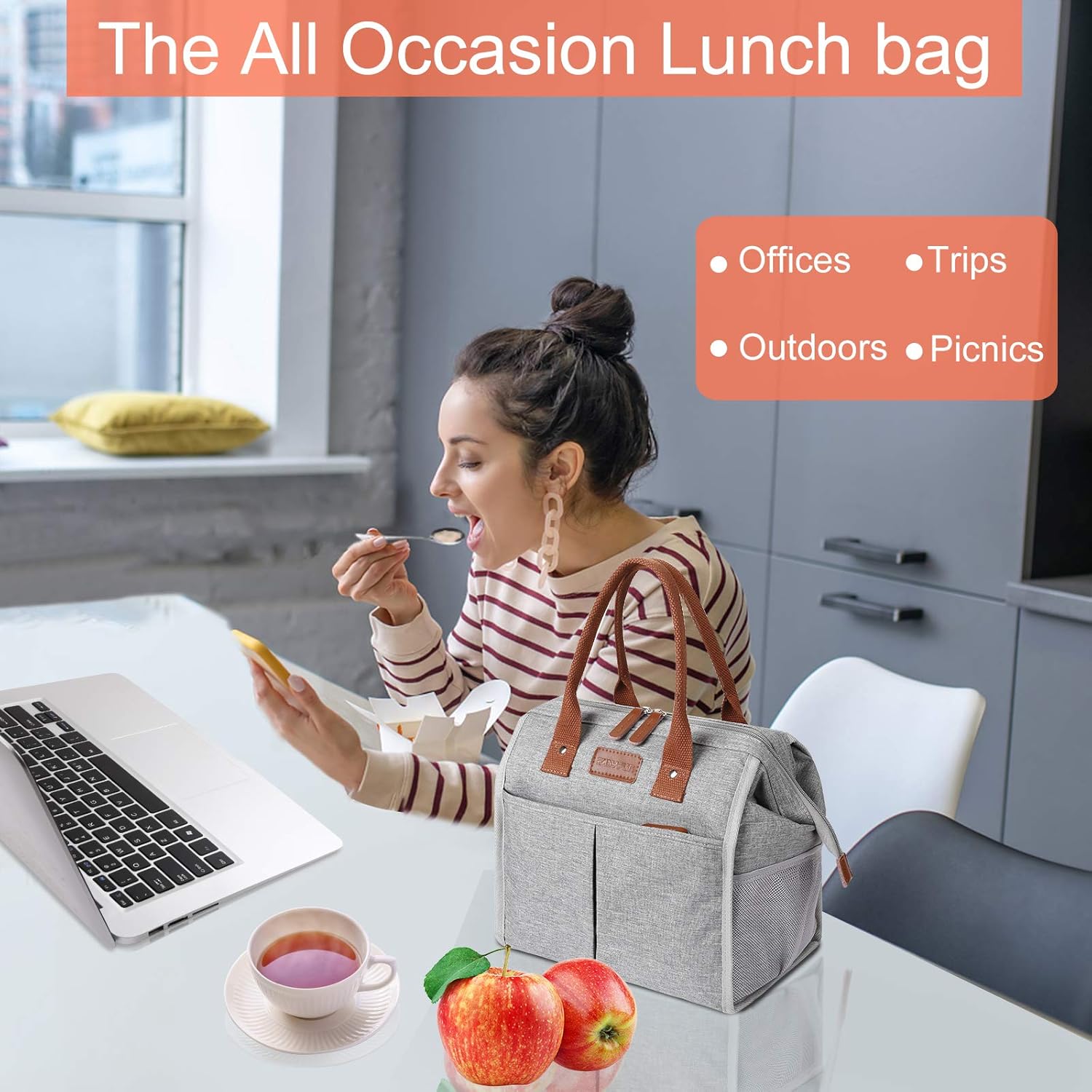Lunch Bag for Women & Men, Insulated Lunch Box Cooler Tote Bags, Adult Reusable Lunch Boxes with Water Resistant for Work, Travel and Picnic (Grey) - PuriLite