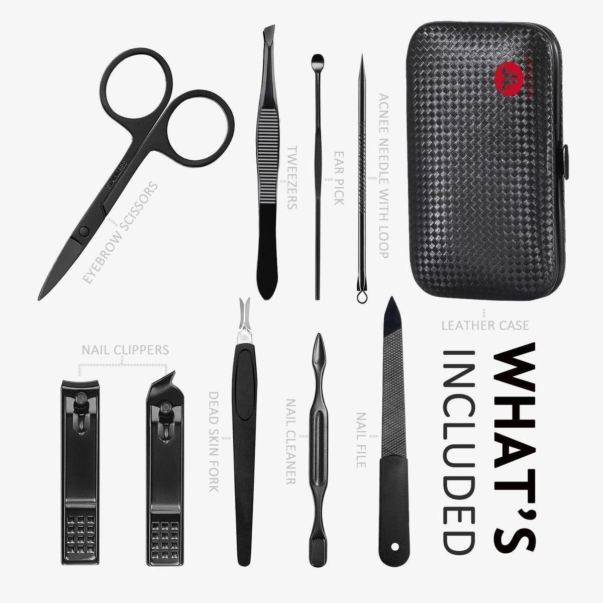 Manicure Set 9 in 1 Stainless Steel, Nail Clippers Scissors Pedicure Tools Kit - Portable Travel Grooming Kit for Men and Women with Black/Red Leather Case (Blue) - PuriLite