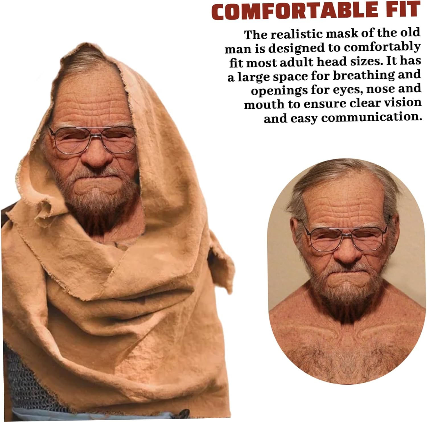Old Man Mask, Realistic Breathable Latex Mask, Scary Halloween Props for Party, Costume, Cosplay, Masquerade, Realistic - PuriLite