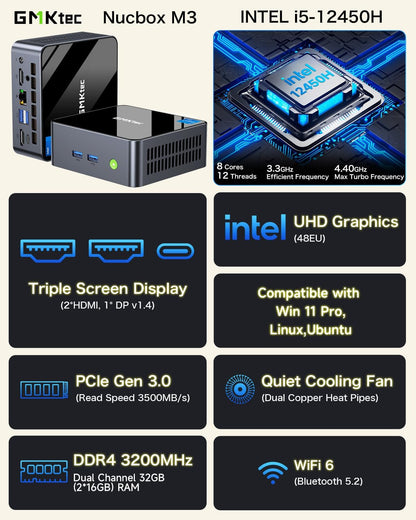 GMKtec Mini PC Intel Core i9 12900HK(14C/20T 5.0 GHz) W11 Pro, Desktop Computer 32GB DDR4 RAM+1TB NVMe SSD, Triple 4K Display, WiFi 6, BT5.2, USB-C M3 Plus - PuriLite