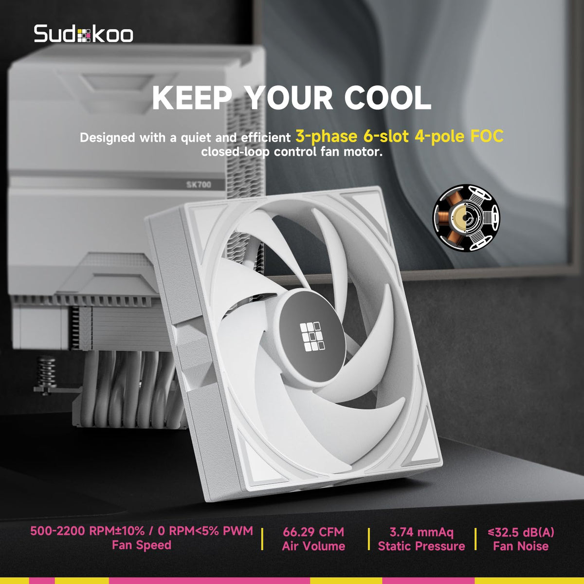 Sudokoo SK700V White AM5 CPU Cooler : 7 Heatpipes CPU Air Cooler with Digital Display for AM5 Exclusive - Single Tower PC Cooling with 120mm FDB PWM Quiet Fan & L-Rail Lock Mount - PuriLite