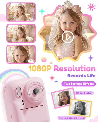 Pussan Kids Camera Instant Print, 1080P Instant Print Camera Toys for 3-12 Year Old Girls, Christmas Birthday Gifts for Age 3 4 5 6 7 Girls, Kids Digital Camera Toys with 3 Rolls Print Paper-Pink - PuriLite