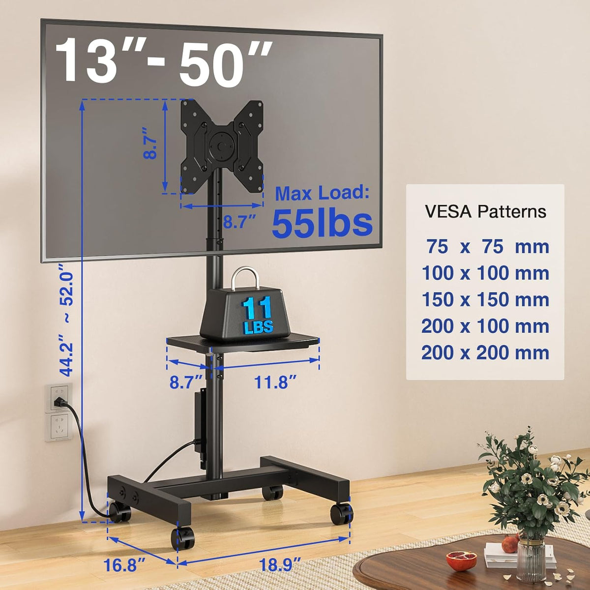 Rfiver Mobile TV Stand with Power Outlet, Rolling TV Stand for 13-50 Inch LCD LED Flat Panel Curved Screen, Tilting and Rotating Mount, Portrait to Landscape, Holds up to 55lbs, Max VESA 200x200mm - PuriLite