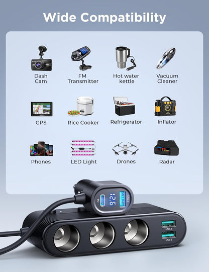[Upgraded 179W] 7 in 1 Cigarette Lighter Adapter, JOYROOM Car Charger Adapter with PD30W Charge(3.3FT Cable), 24V/ 12V Cigarette Lighter Splitter with Independent Switches & LED Voltage Display - PuriLite