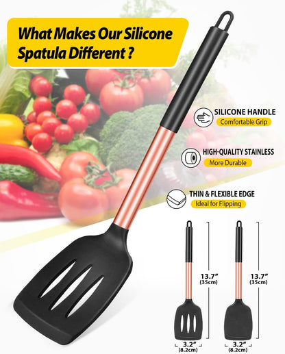 Pack of 2 Silicone Slotted Spatula,Non Stick Solid Kitchen Turner, High Heat Resistant BPA Free Cooking Utensils for Fish, Eggs, Pancakes（Black - PuriLite