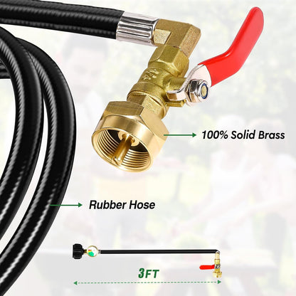 Propane Refill Adapter 20lb to 1lb Camping - 3FT/36inch Stainless Steel Hose with Gauge and ON-Off Control Valve - Fits QCC1 / Type1 Tank, 2 Caps Included - PuriLite