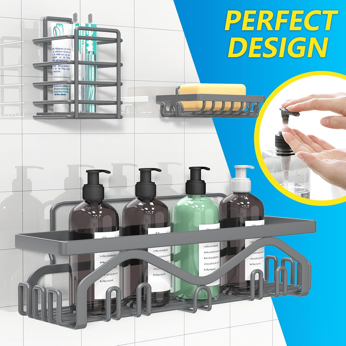 Coraje Adhesive Shower Caddy, 5-Pack Shower Shelves, Large Capacity Load Bearing 40 LBS Shower Organizer, No Drilling Shower Shelf, Rustproof Stainless Steel Bathroom Shower Storage, Black - PuriLite