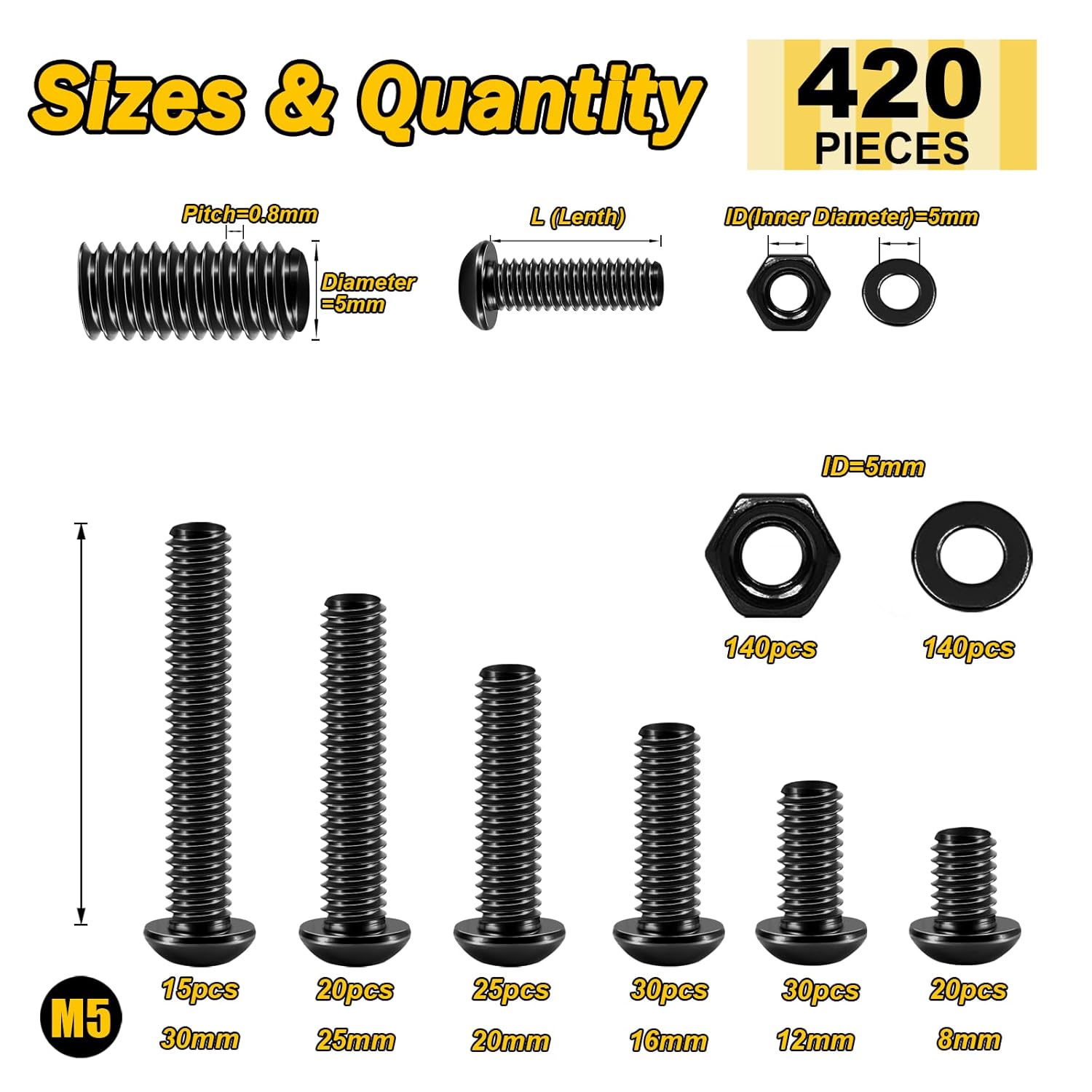 Mywish 900Pcs Metric Screw Assortment, M3 M4 M5 M6 Screw Assortment Kit 304 Stainless Steel Hex Socket Button Head Socket Cap Metric Screws Bolts & Flat Washers/Nuts/Hex Wrenches 16 Sizes 8MM to 20MM - PuriLite
