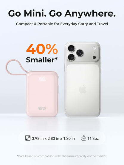 Power Bank 20000mAh, Ultra Mini 45W Fast Charging Travel Portable Charger Built-in USB-C & iOS Cables, Charge 4 Devices, Travel Essential, Battery Phone Pack for iPhone 18 17, Samsung S26, iPad etc