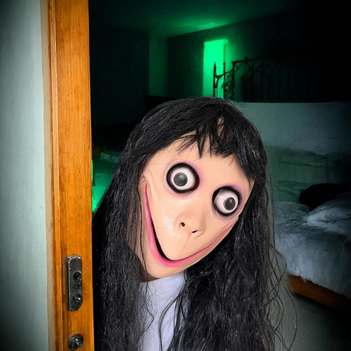 Scary Momo Mask with Long Black Wig - Latex Halloween Costume for Adults - Creepy Face Mask for Parties & Haunted Houses - PuriLite