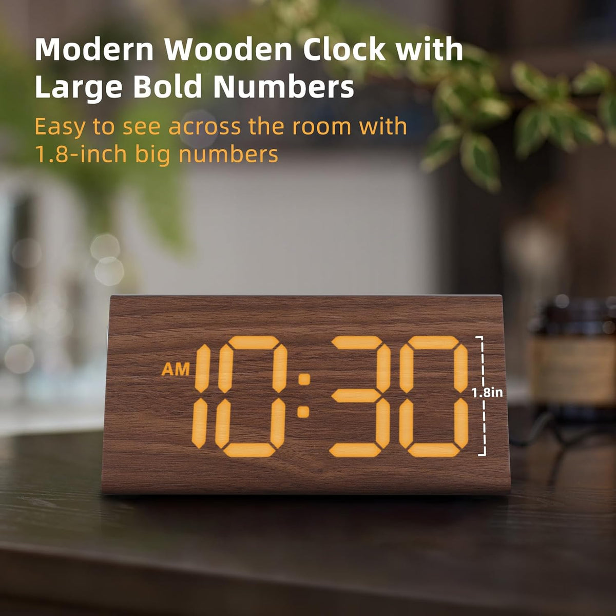 Odokee Wooden Digital Alarm Clock for Bedroom: Electric Desk Clock with Large LED Display - Brown - PuriLite