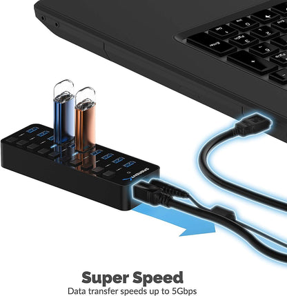 SABRENT16 Port USB hub 3.2 x1 and Charger 90W, with Power Adapter, Fast Powered Data hub, Multiple USB Charging, USB Docking Station, multiport hubs, LEDs on/Off Switch, Mount Bracket Included - PuriLite