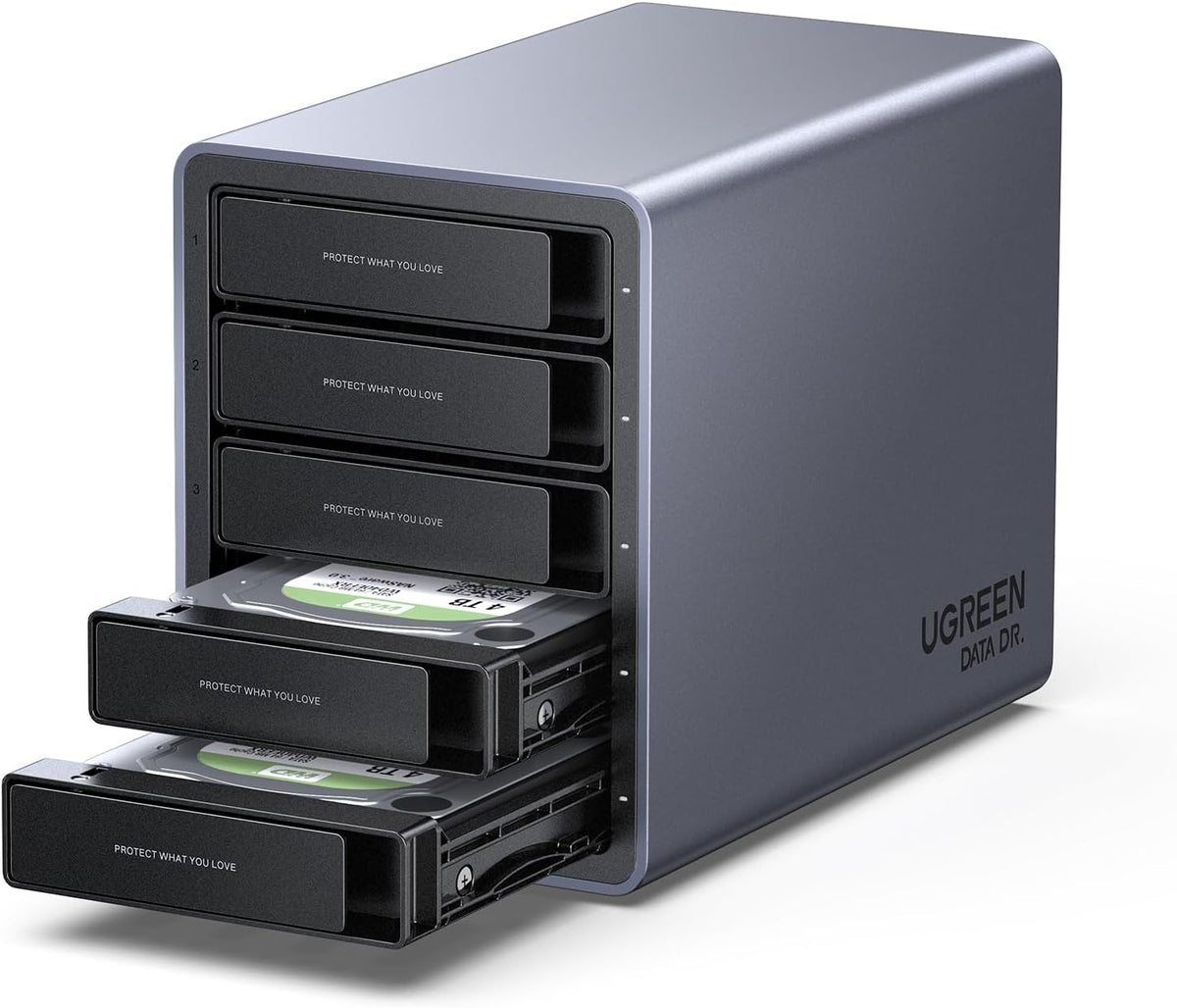 UGREEN 5 Bay USB C RAID Hard Drive Enclosure 100TB for 3.5 2.5 Inch SSD HDD, Disk Array Support RAID0 RAID1 RAID10 RAID3 RAID5 Clone PM Large Mode, S.M.A.R.T, with 12V Power Adapter and USB C Cable - PuriLite