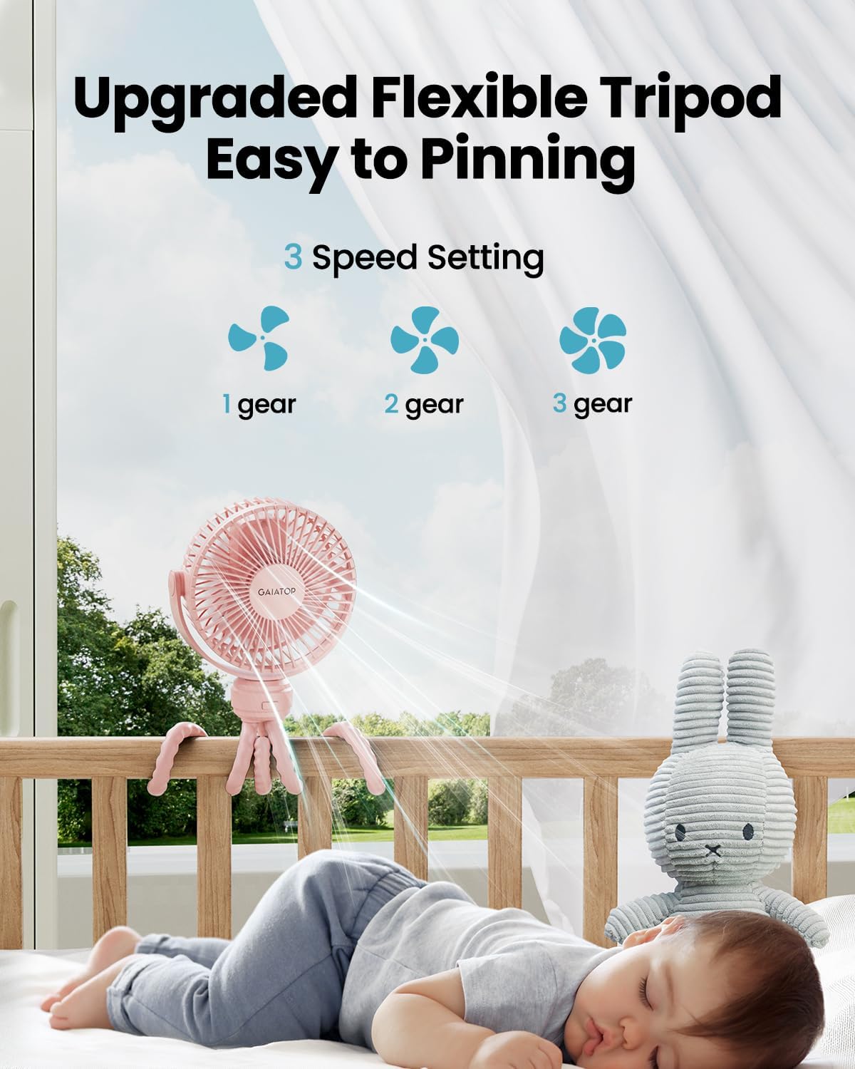Gaiatop Mini Portable Pram Fan, Rechargeable Small Clip on Fan for Stroller, Detachable 3 Speed 360 Degree Rotate Flexible Tripod Handheld Desk Cooling Car Seat Crib Treadmill Travel Black - PuriLite