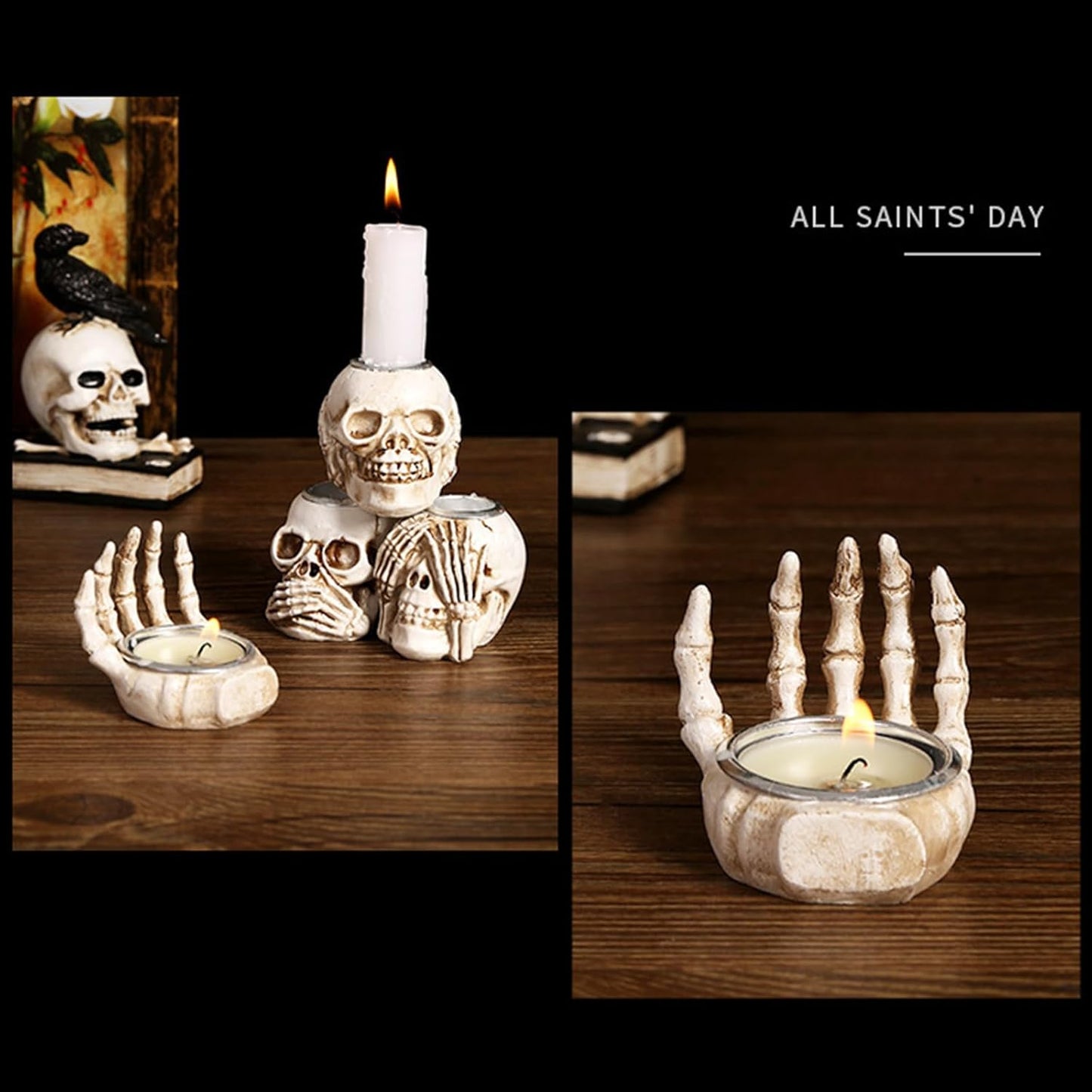 4Pcs Halloween Skeleton Candlestick,Halloween Candle Holder Gothic Skeleton Palm Skull Decor for Home Bar Party Tabletop,Creepy Themed Party Decorations,Escape Room Script Kill Prop - PuriLite
