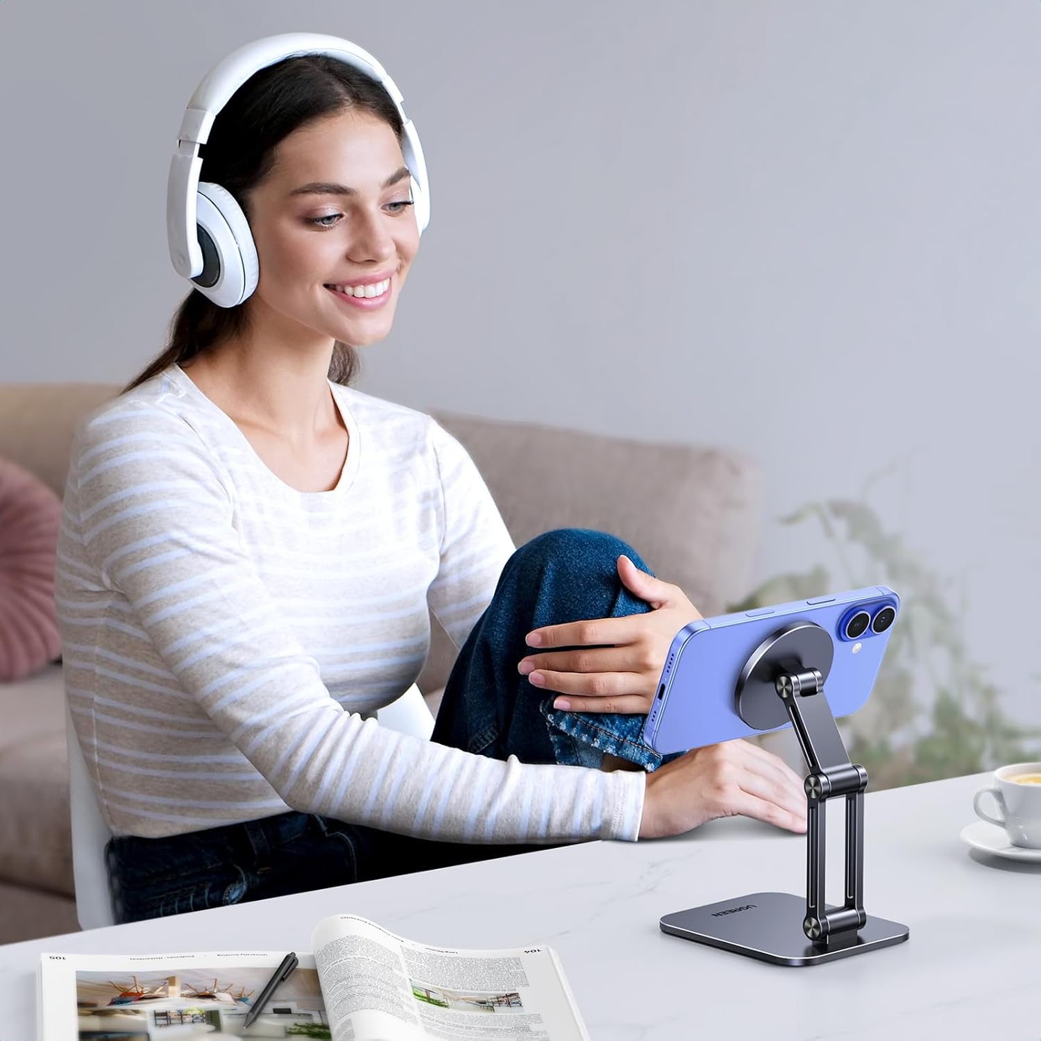 UGREEN Magnetic Phone Stand Compatible with MagSafe, Angle Adjustable Aluminum Holder for Desk, Thick Base Compatible for iPhone 16 15 14 13 12 Pro - PuriLite