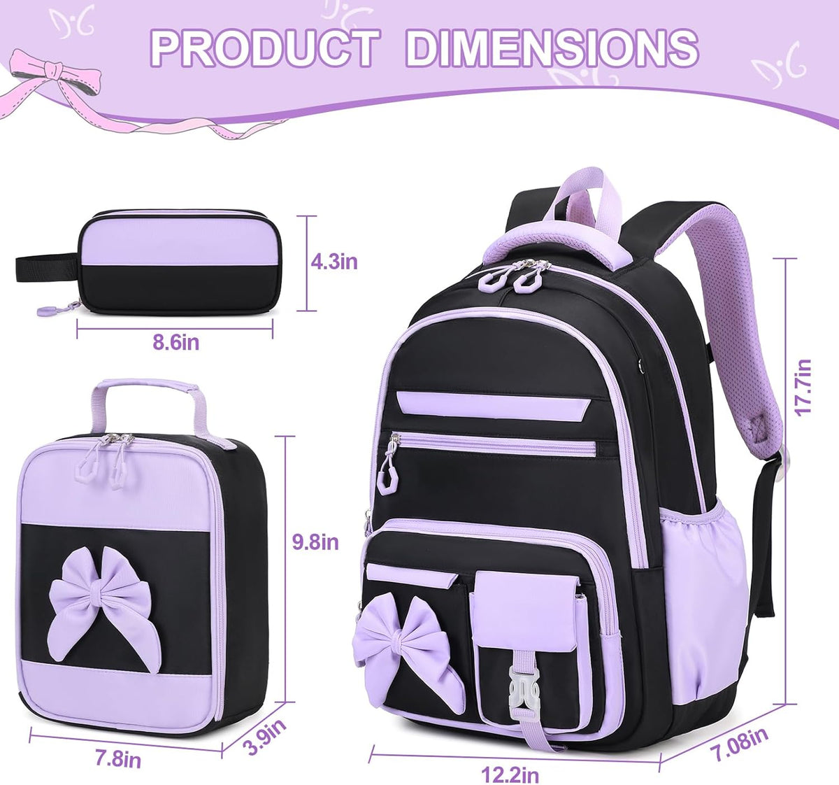 DIGOBAY Backpack for Girls, 3PCS Girls Backpack with Lunch Bag Pencil Case, Kids Backpack for Kindergarten Elementary School - PuriLite