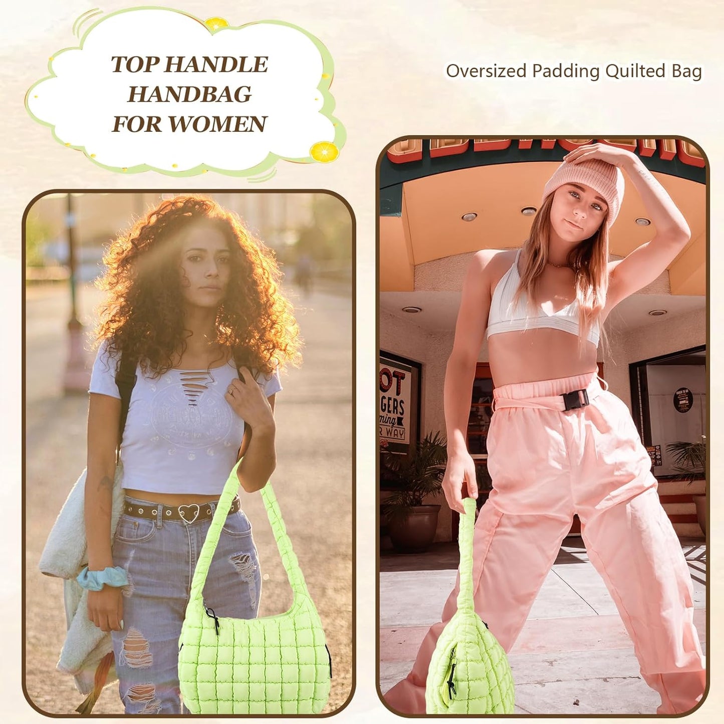 Quilted Puffer Tote Bag Large Crossbody Shoulder Bag with Zipper, Nylon Hobo Oversized Handbag - PuriLite