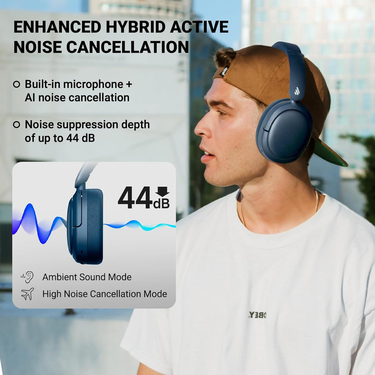 Edifier V80 Hybrid Active Noise Cancelling Bluetooth Headphones, Wireless Over Ear Headset with 45H Playtime, Wired Hi-Res Audio Fast Charging Multipoint Connection for Home Travel Office - Navy Blue - PuriLite