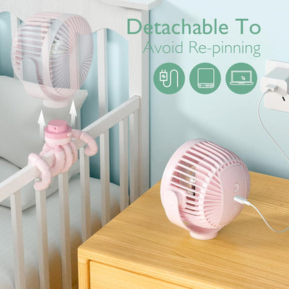Momcozy Portable Stroller Fan, 27H Ultra-long Battery Life, Detachable 4 Speed 360°Rotate, LED Night Light with 2 Modes, USB Rechargeable and Handheld Cooling Fan for Travel, Car Seat - PuriLite