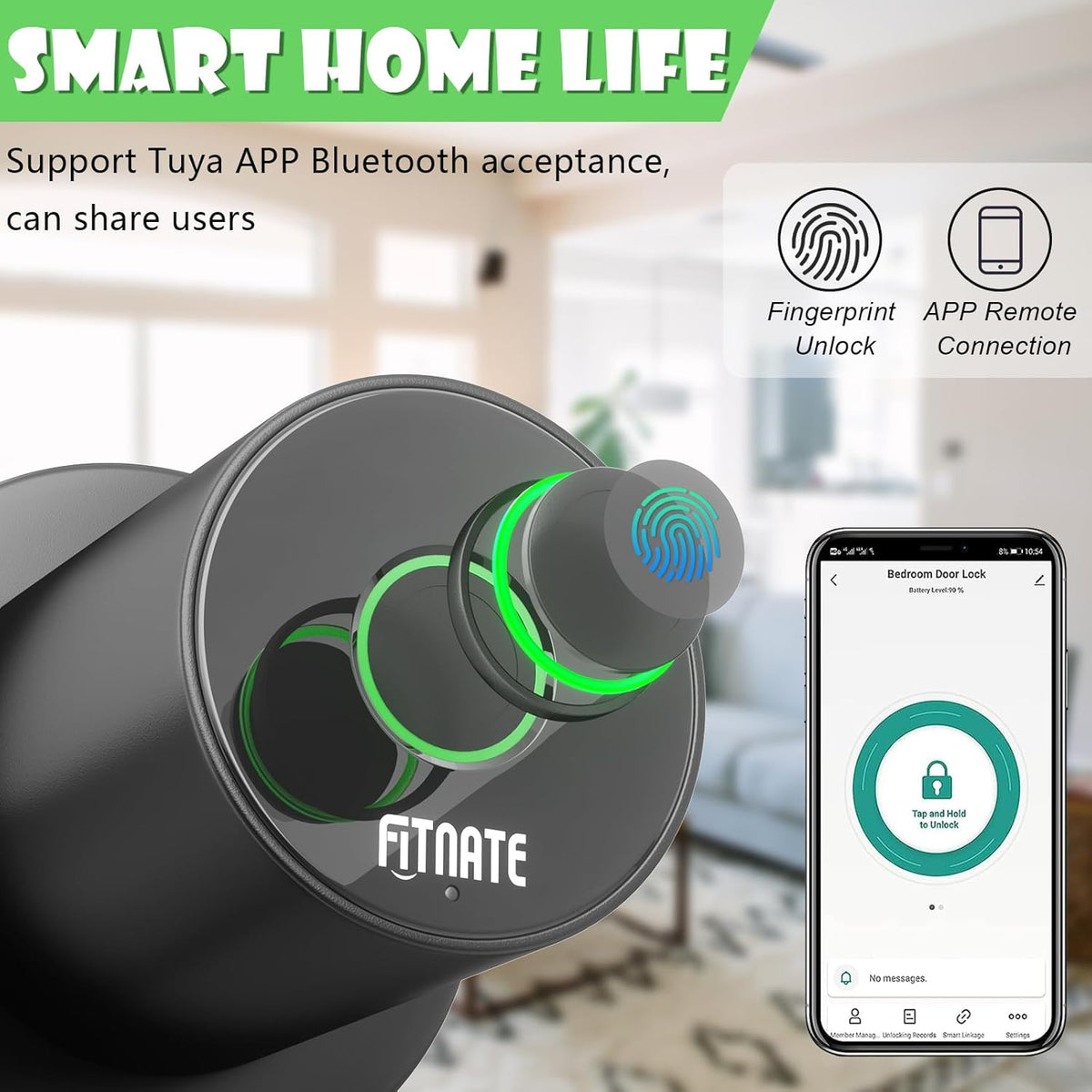 FITNATE Fingerprint Door Knob, Smart Biometric Door Lock with App Control, Keyless Entry Door Knob with Bluetooth Digital Code, Touch to Open Knob for Bedroom,Home,Hotel,Office, Black - PuriLite