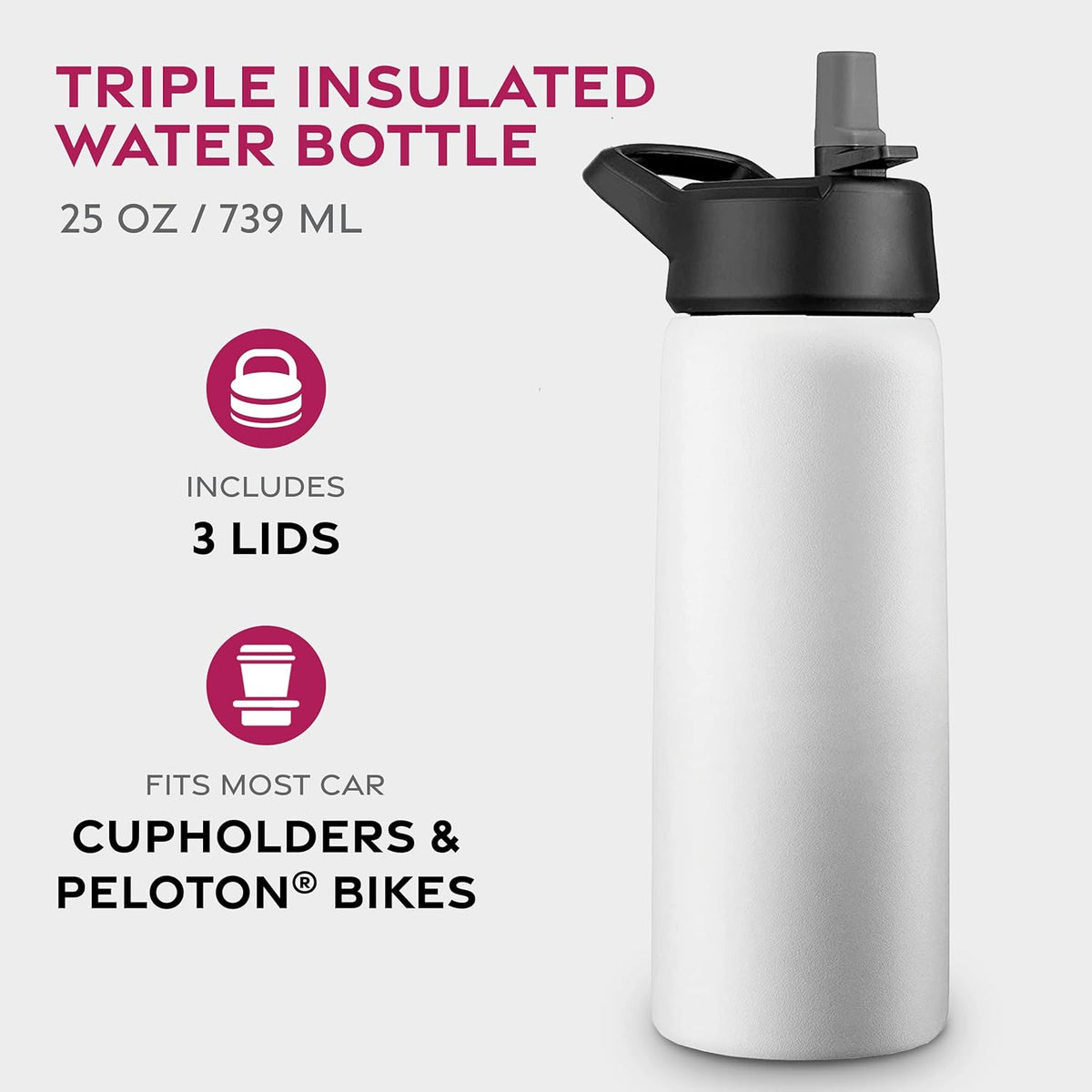 FineDine Water Bottle - Stainless Steel Insulated Water Bottle with Straw Lid, Flip Lid & Wide-Mouth Cap - Keeps Hot and Cold - 25 Oz / 739ml - Pure Pearly White - PuriLite
