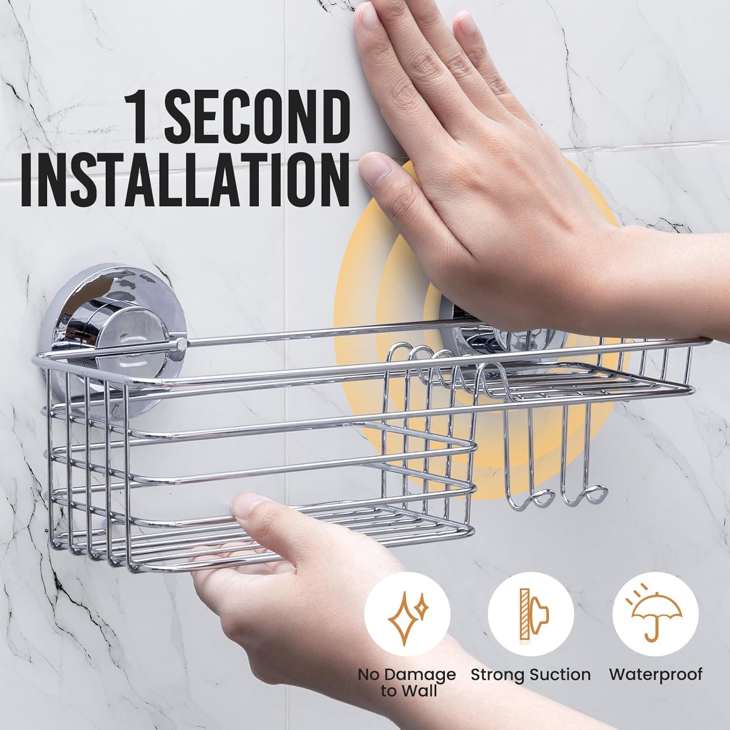 LEVERLOC Shower Caddy Suction Cup, 2 Pack Black Shower Shelf with Hooks and Soap Holder, NO-Drilling Bathroom Organizer, Rustproof Metal Bathroom Storage and Organization - PuriLite