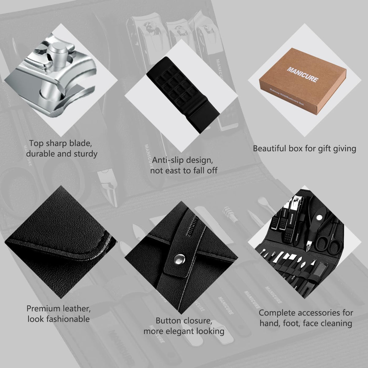 Manicure Set Professional Nail Clippers Pedicure Kit, 16 pcs Stainless Steel Nail Care Tools Grooming Kit with Luxurious Travel Leather Case for Thick Nails Men Women Gift (Black) - PuriLite