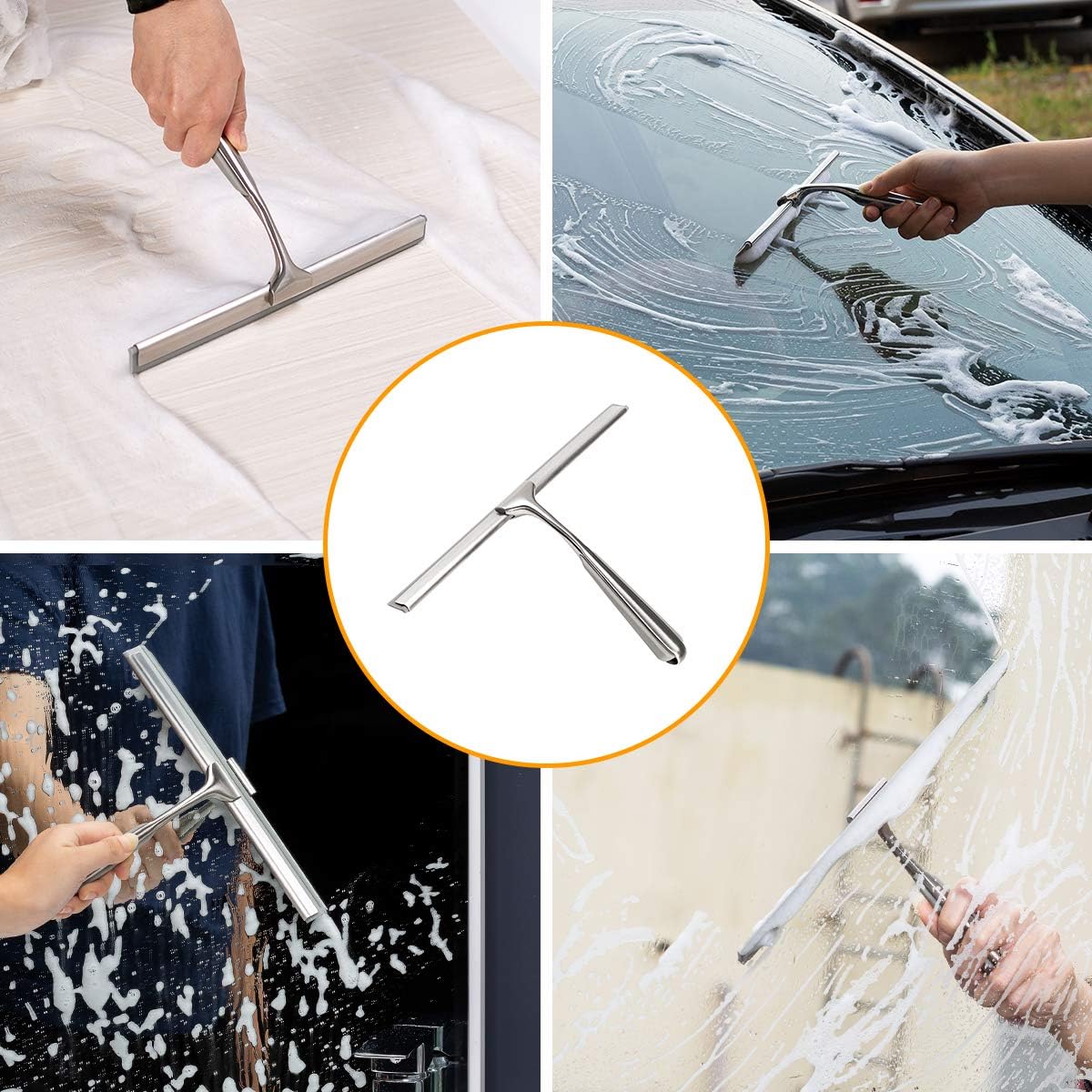 Ettori Shower Squeegee for Glass Doors, Squeegee for Shower Glass Door, Window and Car Glass, Mirrors - All-Purpose Stainless Steel Squeegee, 10 Inches and Black - PuriLite