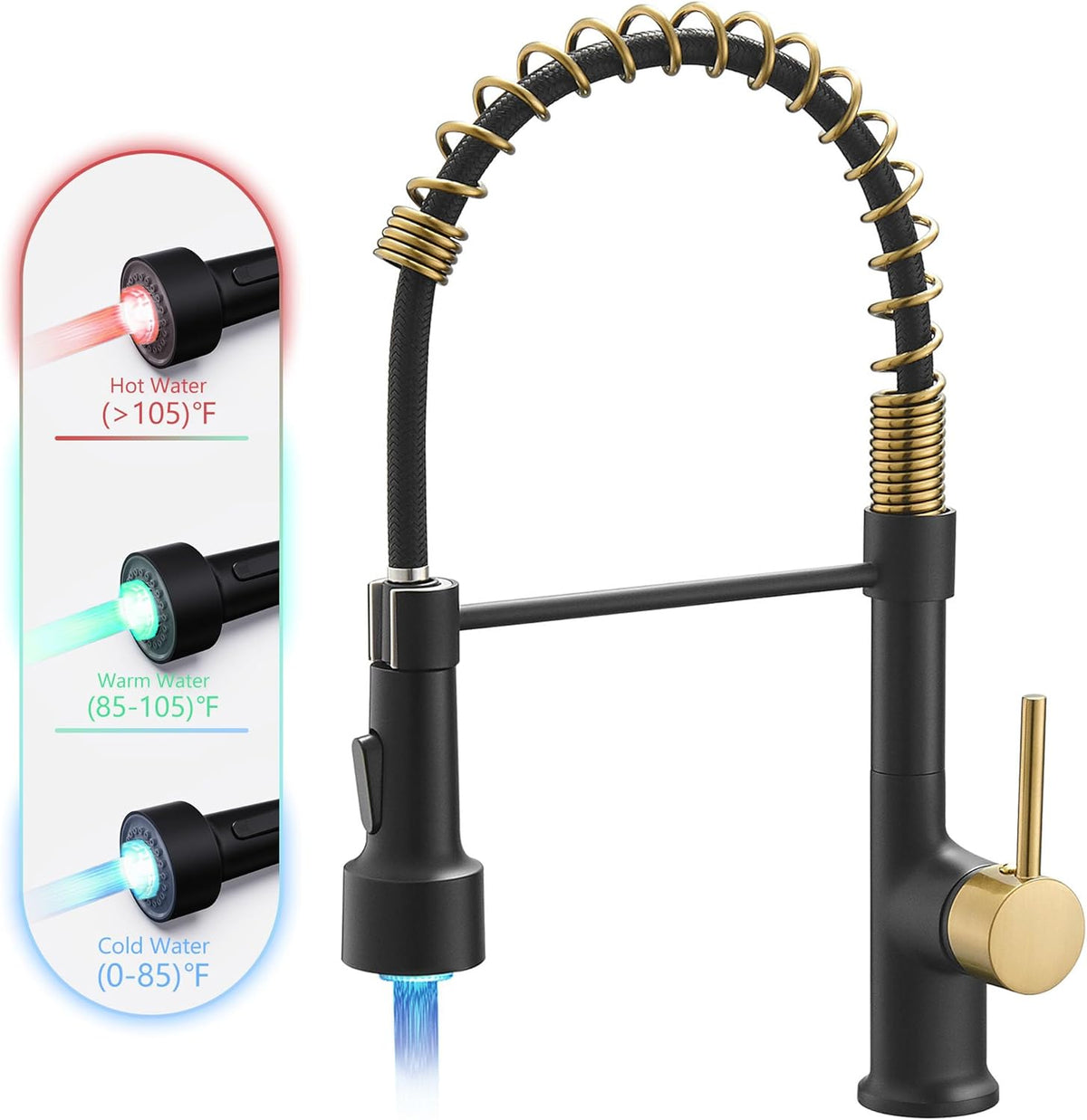 GIMILI Matte Black Kitchen Faucet with LED Light,Single Hole Spring Kitchen Sink Faucet with Pull Down Sprayer - PuriLite