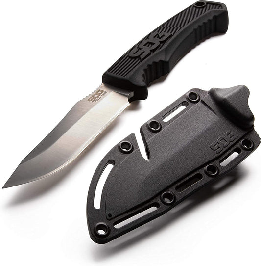 SOG Tactical Knife with Sheath - “Field Knife” Fixed Blade Knives FK1001-CP 4” Fixed Blade Knife with Full Tang Sharp Knife Blade + Survival Knife Grip, Black - PuriLite