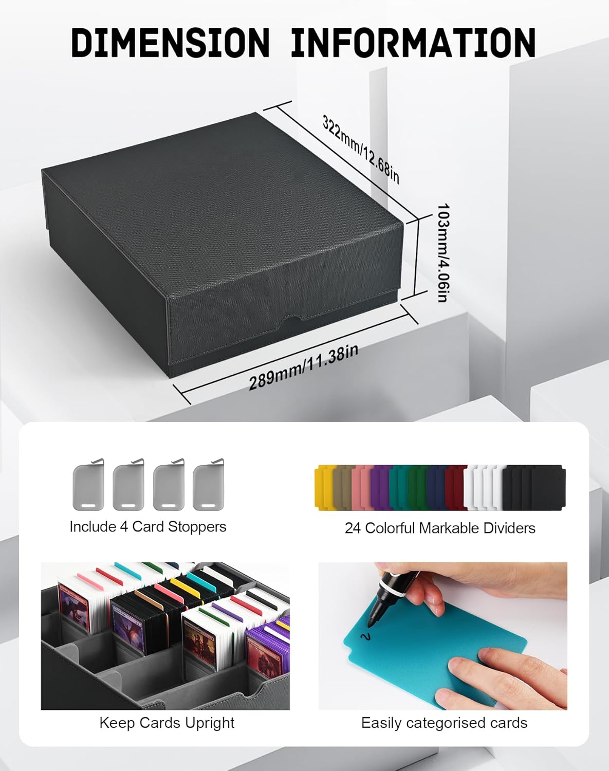 ZLCA Card Storage Box for MTG PTCG, Commander Deck Box Holds 3000+ Cards, Card Storage Case with 4 Stoppers, Card Organizer for TCG Sport Cards (Black) - PuriLite