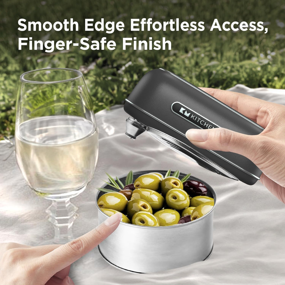 Kitchen Mama Orbit One Stainless Steel Rechargeable Electric Can Opener: Hands-Free, USB-C Charging, Automatic Stop, Smooth Edge, Safety, Blade for Large Cans, Heavy Duty, Soda Can and Pop Can - PuriLite