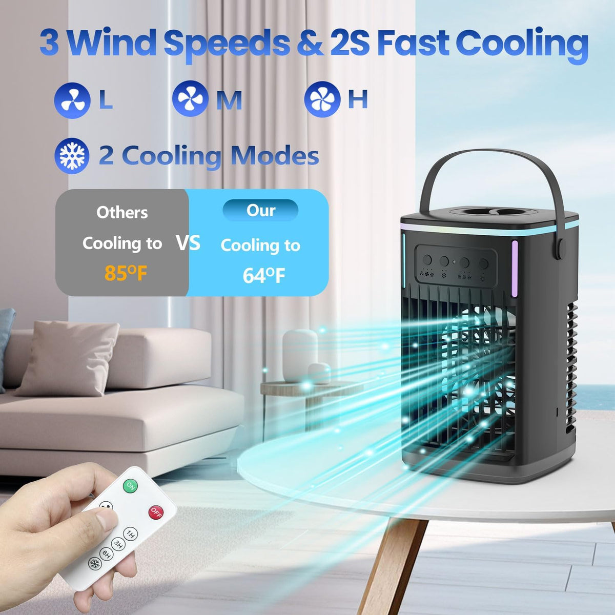 Portable Air Conditioners Fan with Remote, 4-in-1 Portable AC with 1500ml Water Tank, 3 Wind Speeds, 6H Timer, 2 Cool Mist, 7 Lights, Personal Mini Air Conditioner for Room Bedroom Office (Black) - PuriLite