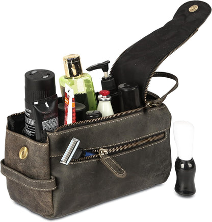 Premium Buffalo Leather Unisex Toiletry Bag Travel Dopp Kit Shaving kit (Distressed Tan) - PuriLite