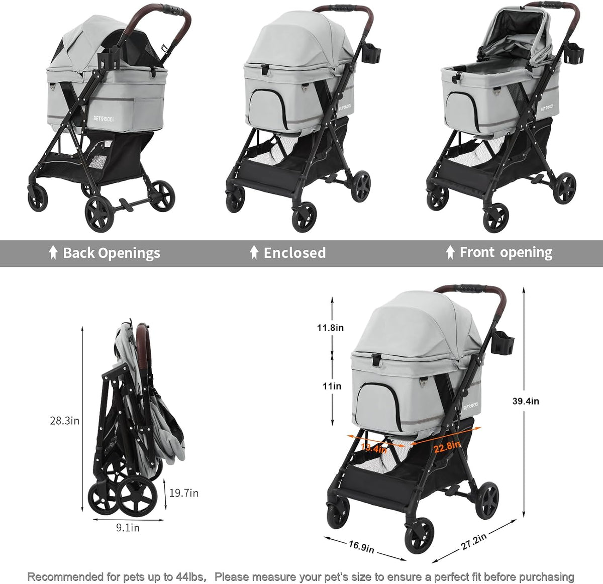 Pet Stroller for Small Medium Dogs Cats with 4 Wheels Grey | NO-ZIP Dog Cat Stroller, Max Load 45 lbs, Easy Folding, Compact Portable