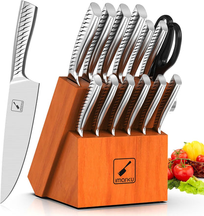 Knife Sets for Kitchen with Block imarku Japanese Knife Set Stainless Steel Kitchen with Block 14pcs, Built-in Sharpener, Sharp Knife Block Set with Non-Slip Ergonomic Handles - Dishwasher Safe - PuriLite