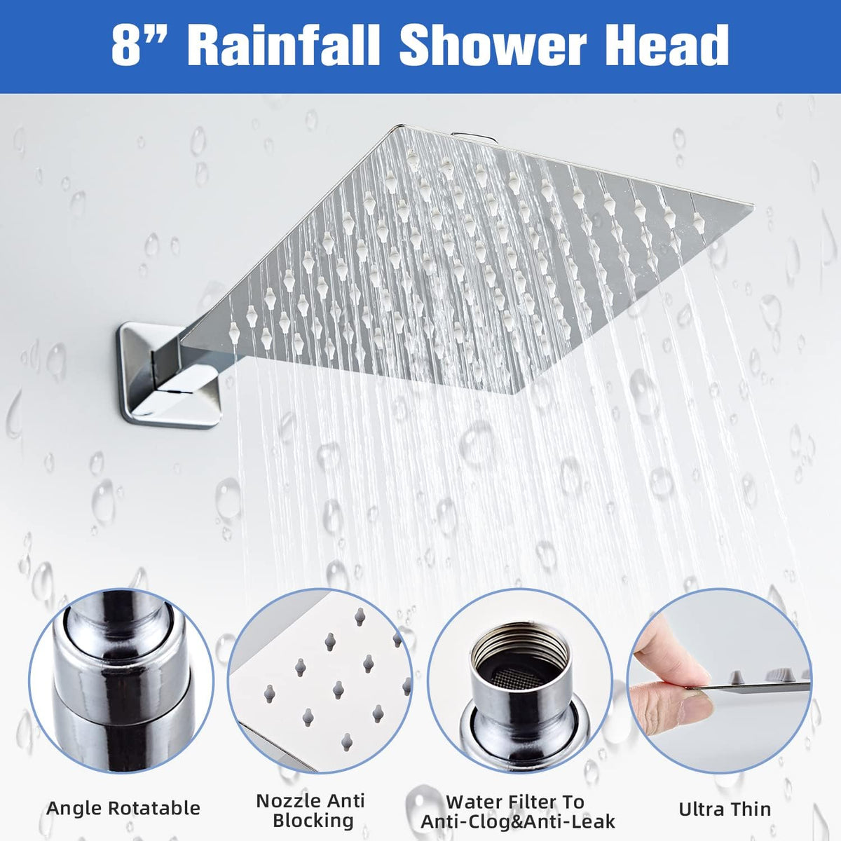 LCEVCGK Shower Faucet Set Complete Matte Black Shower System with 8 inch Square Rainfall Shower Head 3-Function Handheld Shower Waterfall Bathtub Spout Rain Shower Combo Set Bathroom Wall Mounted - PuriLite