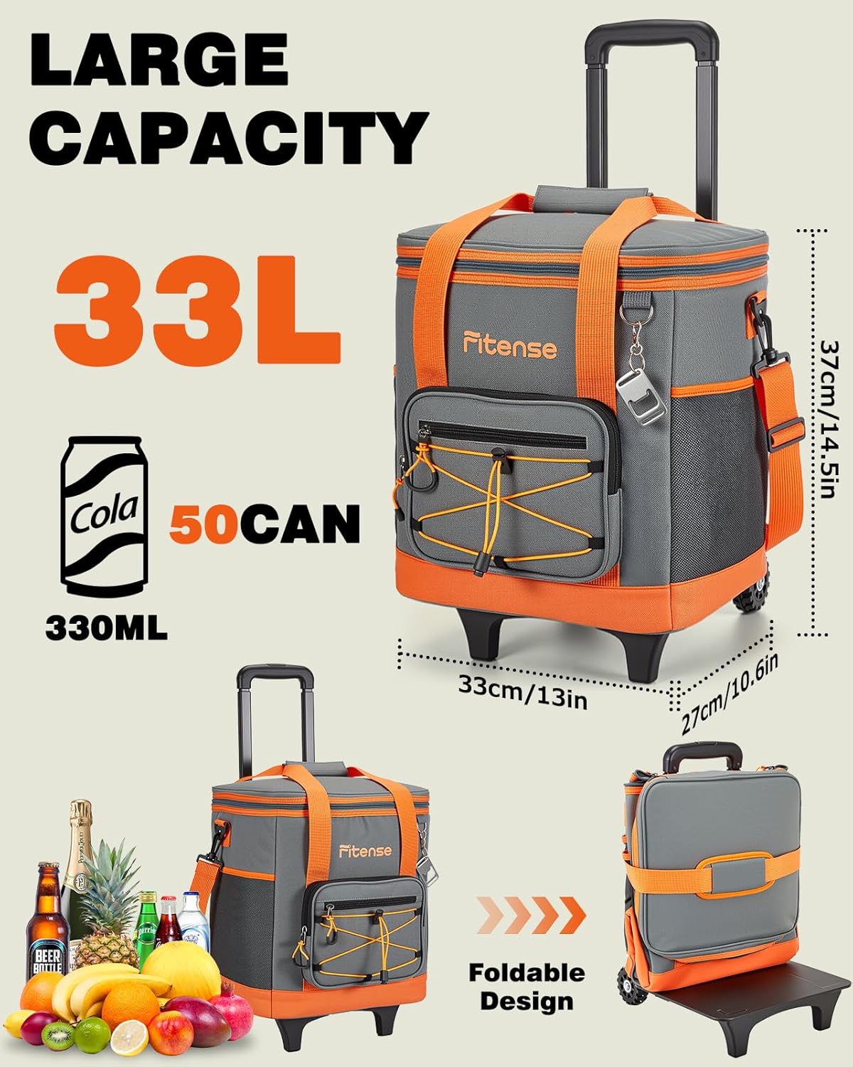 Fitense Soft Cooler Bag Insulated 50 Cans/33L, 27 Cans/20L Camping Cooler 4-Layer Leakproof, Collapsible Portable Lunch Cooler for Beach, Travel, Picnic, Grocery, Kayaking - PuriLite