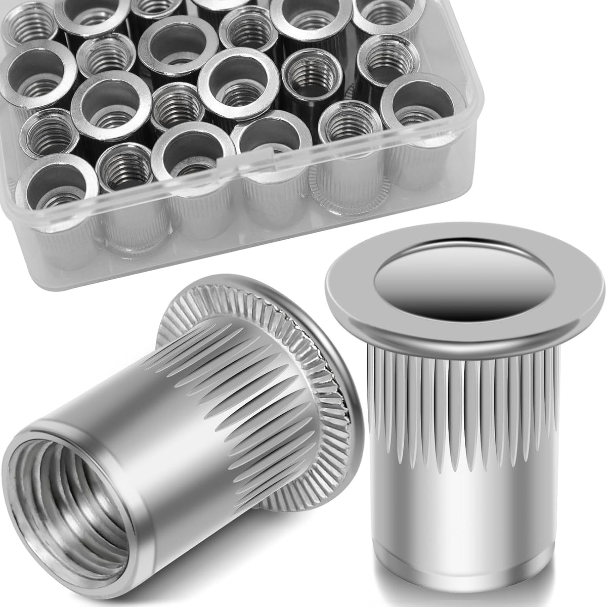 Vifmy Metric & SAE Rivet Nut Assortment Kit(420 Pcs),m3 m4 m5 m6 m8 m10 m12#6-32#8-32#10-24 1/4"-20 5/16"-18 3/8"-16 UNC Flat Head Rivnut Set,Zinc Plated Finish Carbon Steel Nutsert - PuriLite