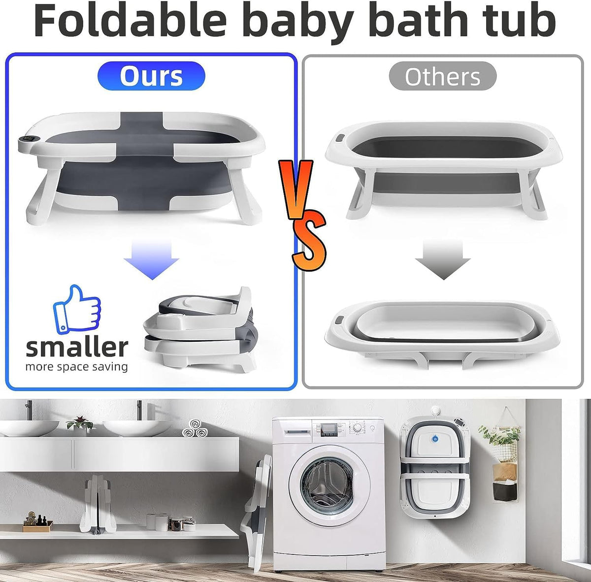 Befol Collapsible Baby Bathtub for Infants to Toddler, Portable Travel Bathtub Multifunctional Bathtub with Drain Hole, Baby Folding Bathtub for Newborn 0-36 Month (grey+Floating Baby Bath Cushion) - PuriLite
